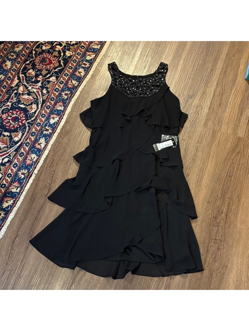NWT SLNY Elegant Black Sleeveless Dress Cascading Layers Formal Cocktail